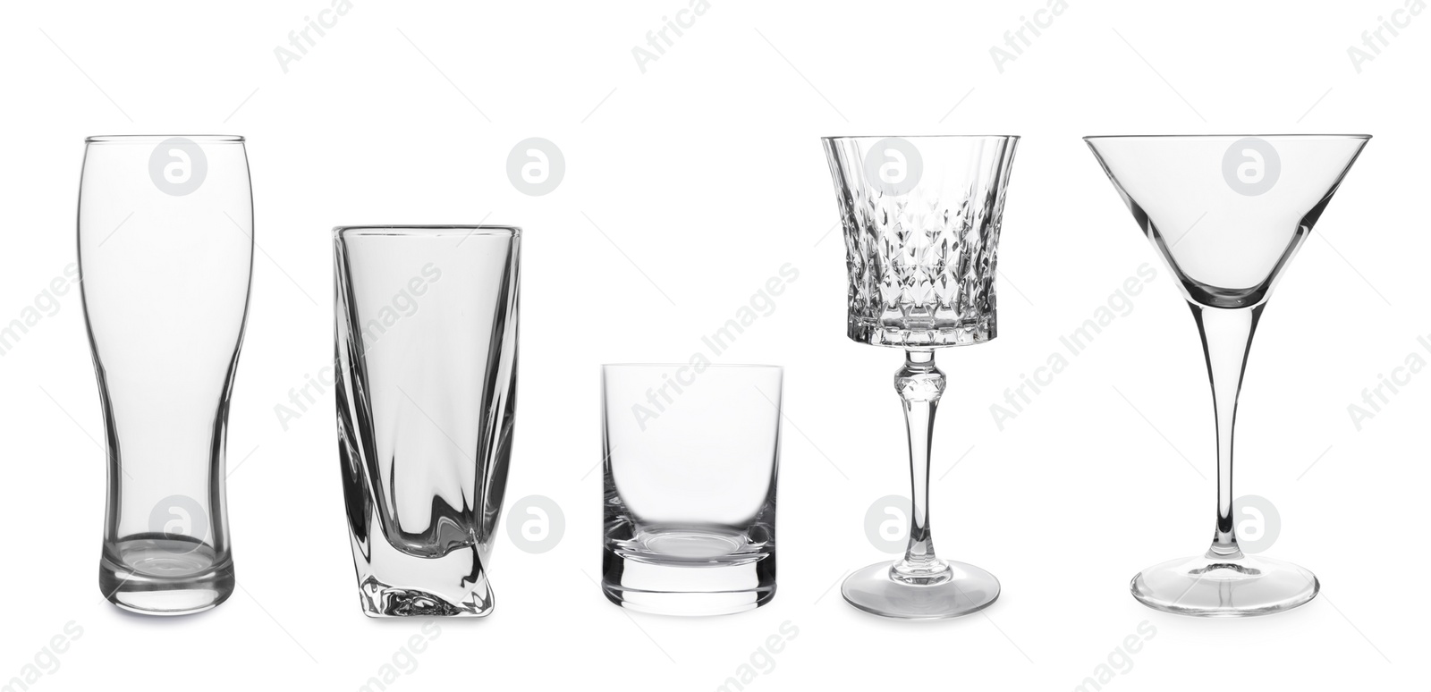 Image of Collage with different empty glasses on white background