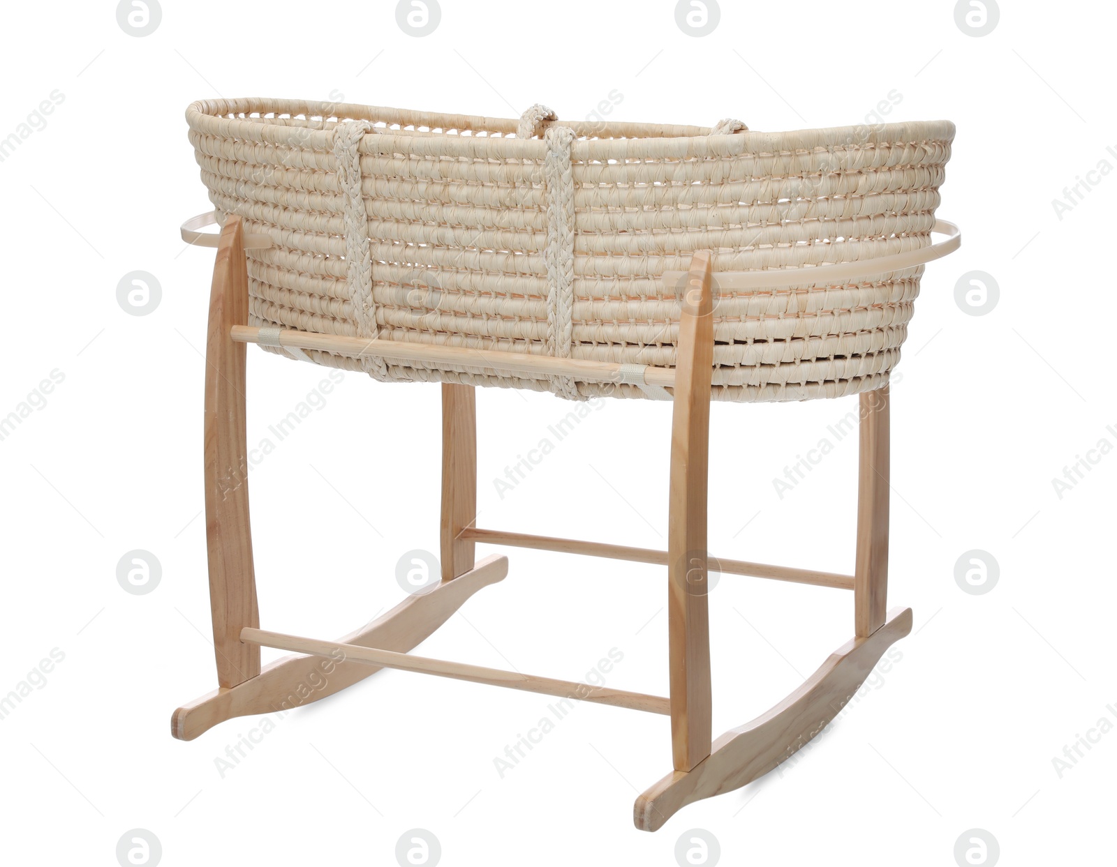 Photo of Wicker crib on white background. Interior element