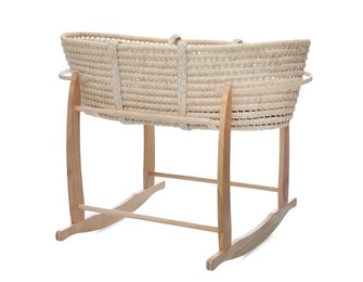 Photo of Wicker crib on white background. Interior element