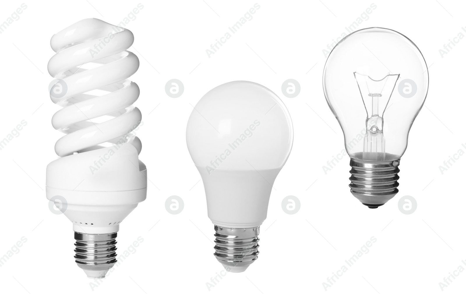 Image of Comparison of different light bulbs on white background, collage