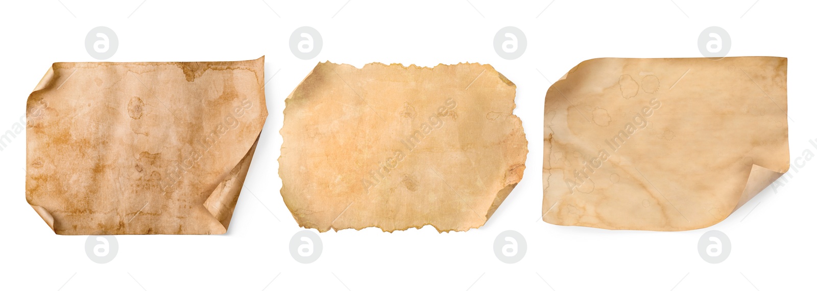 Image of Set with parchments isolated on white. Aged sheets of paper