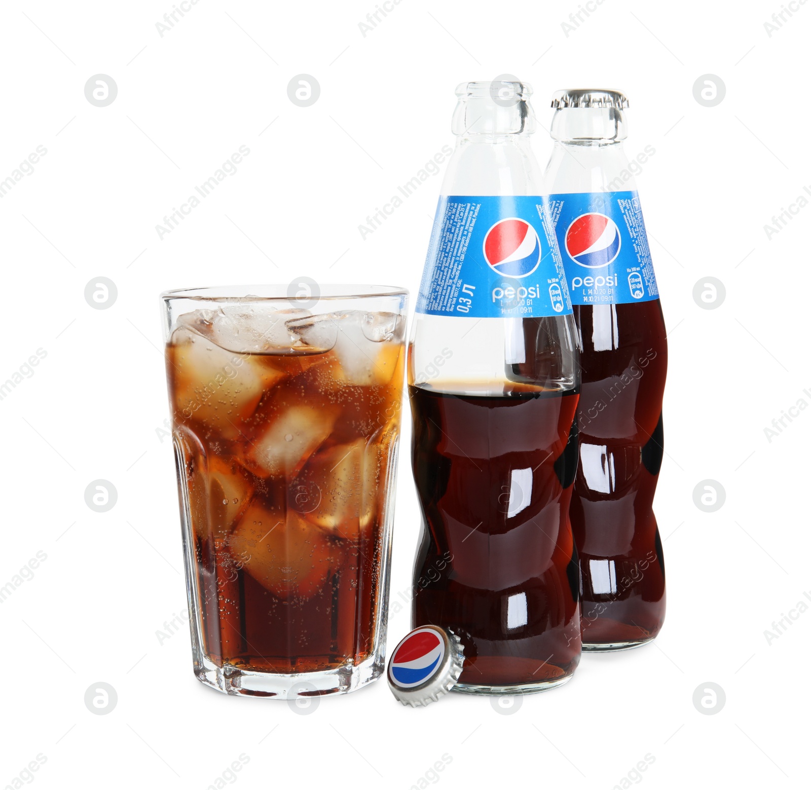 Photo of MYKOLAIV, UKRAINE - FEBRUARY 10, 2021: Glass and bottles of Pepsi on white background