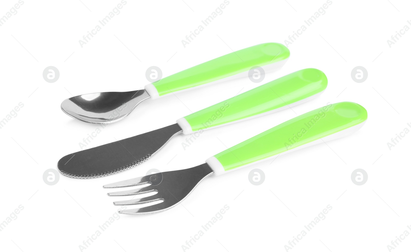 Photo of Set of small cutlery isolated on white. Serving baby food