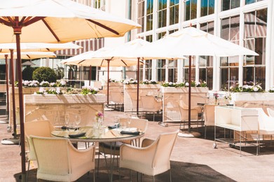 Photo of WARSAW, POLAND - MAY 15, 2022: Beautiful view of cafe with outdoor terrace