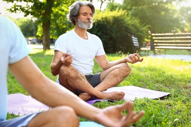 Men practicing morning yoga in sunny park