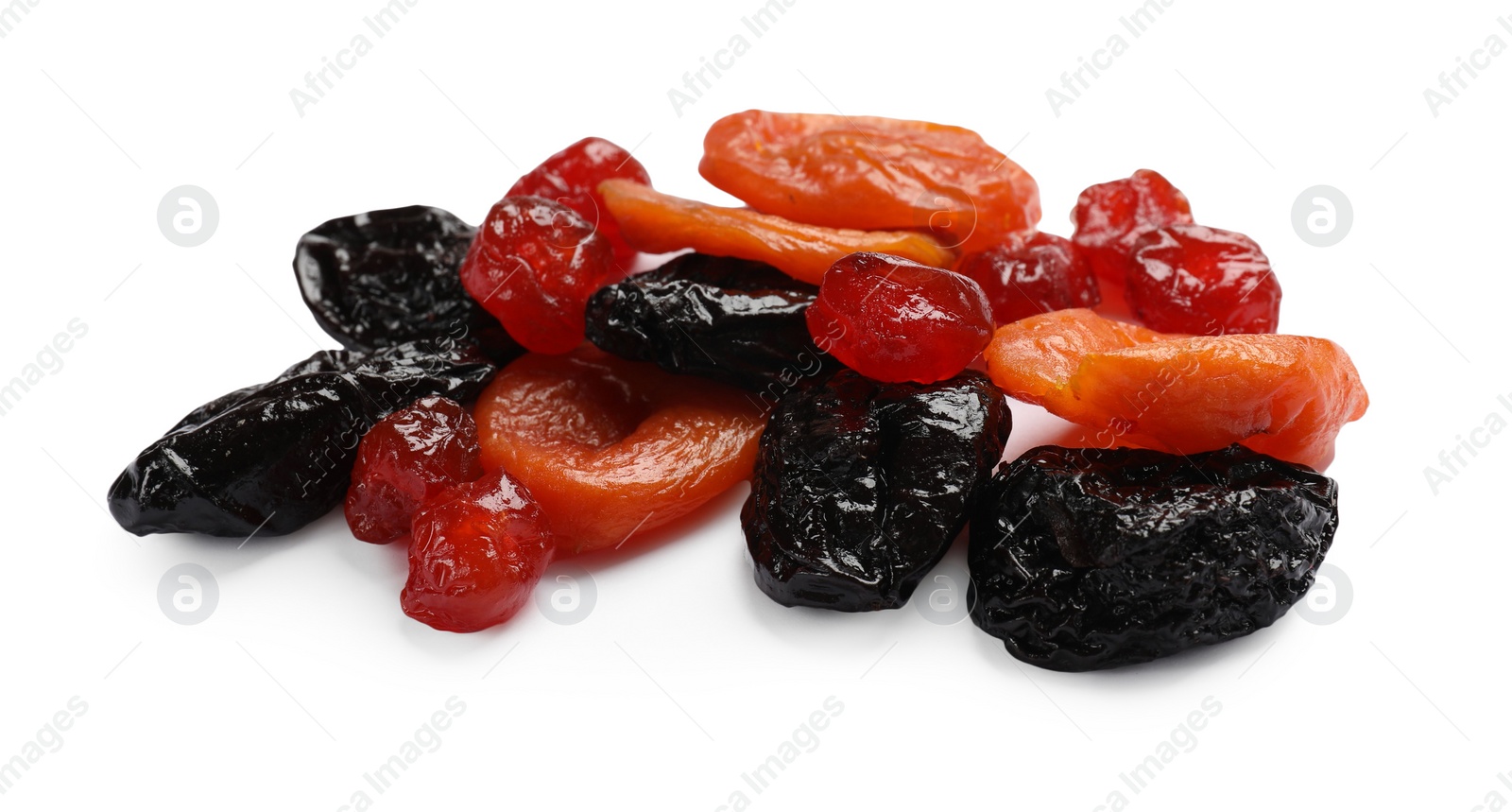 Photo of Mix of delicious dried fruits isolated on white