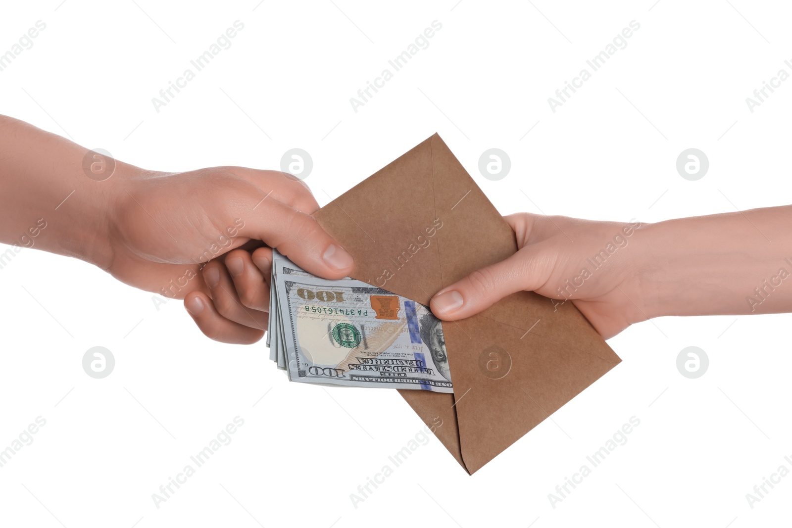 Photo of Money exchange. Man giving envelope with dollar banknotes to woman on white background, closeup