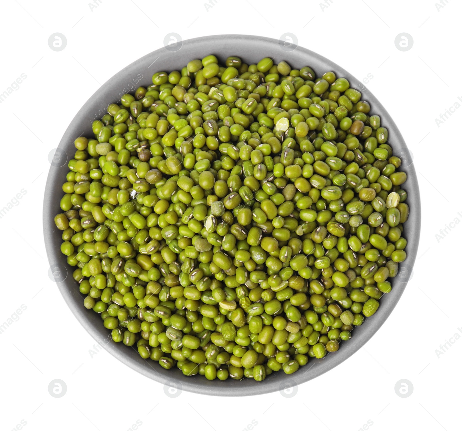 Photo of Bowl with fresh mung beans isolated on white, top view