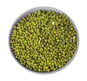 Photo of Bowl with fresh mung beans isolated on white, top view