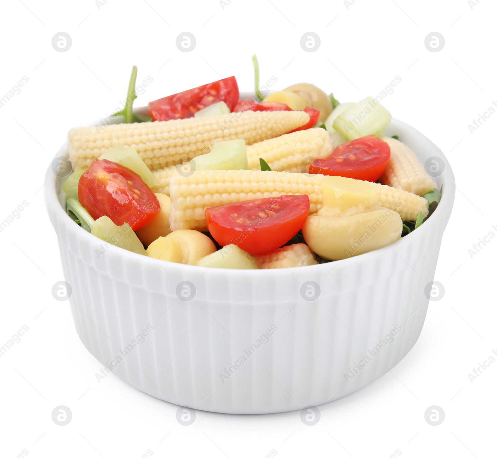 Photo of Tasty baby corn with vegetables and champignons isolated on white