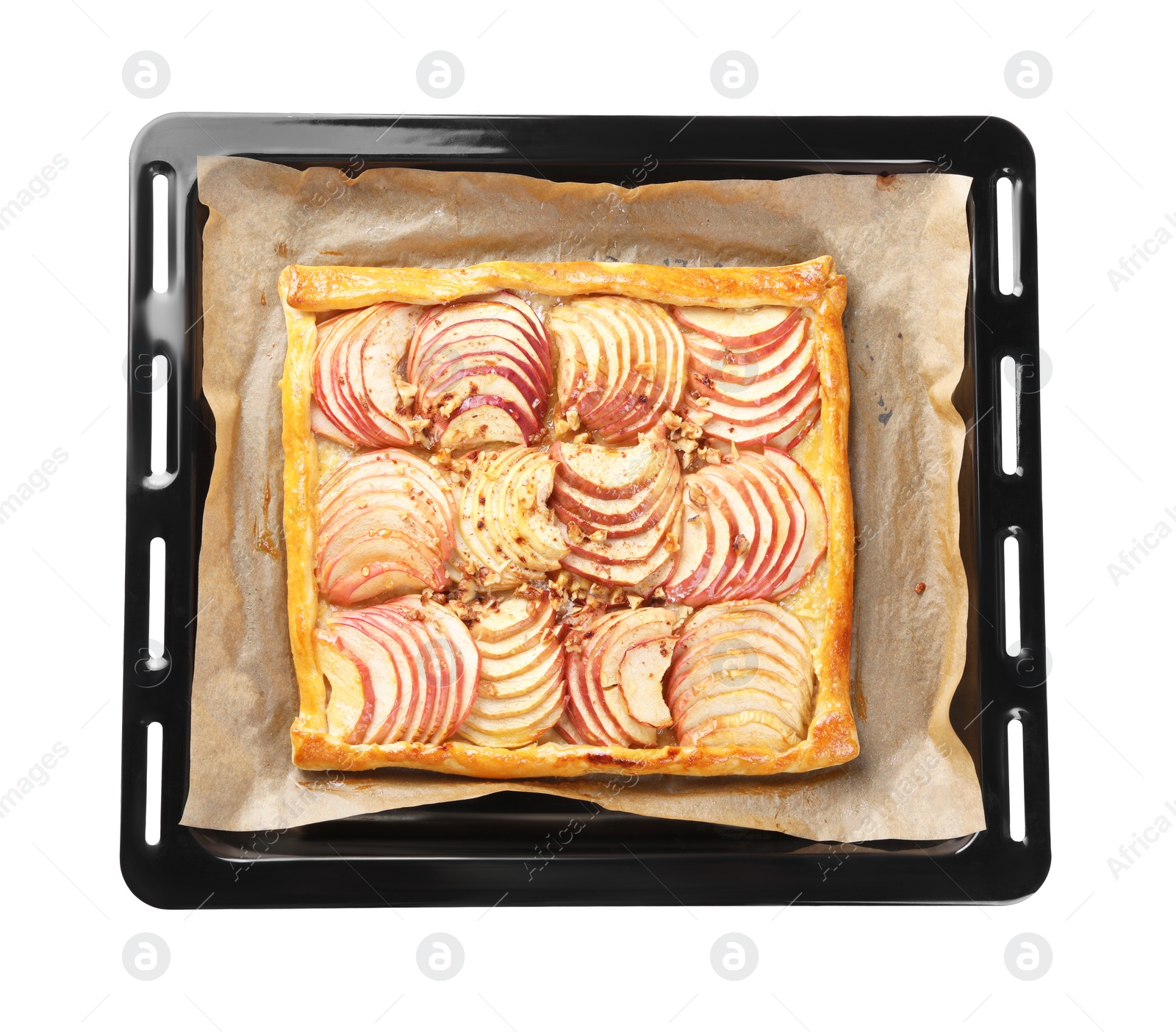 Photo of Baking tray with fresh apple galette isolated on white