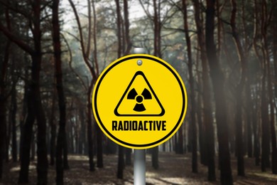 Image of Radioactive pollution. Yellow warning sign with hazard symbol in forest
