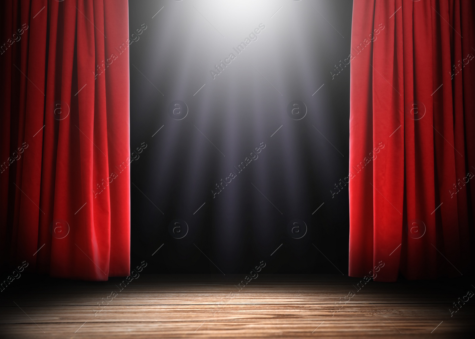 Image of Empty wooden stage and open red curtains