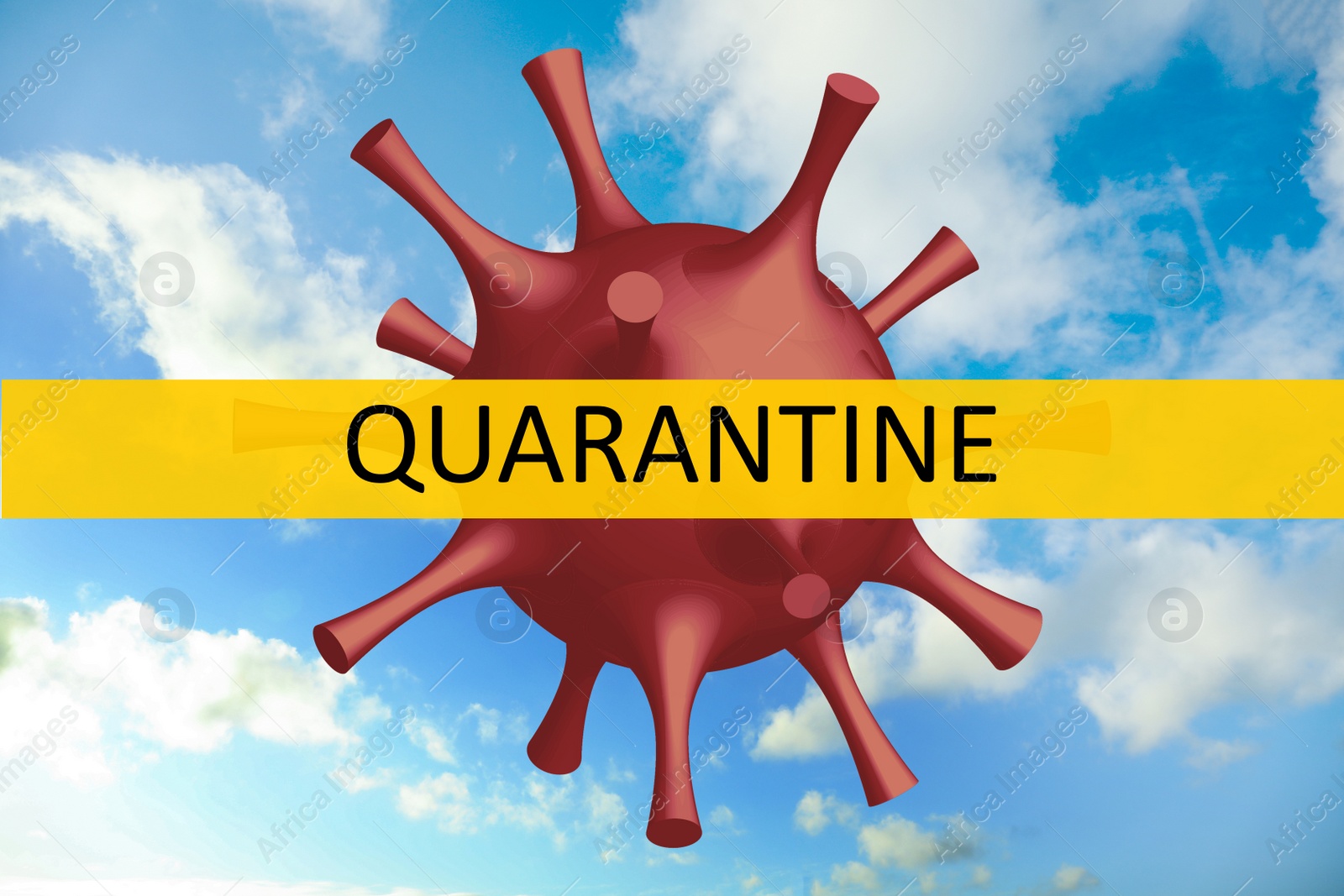 Image of Closure of air traffic through quarantine during coronavirus outbreak. Illustration of virus against blue sky