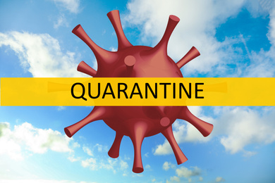 Image of Closure of air traffic through quarantine during coronavirus outbreak. Illustration of virus against blue sky