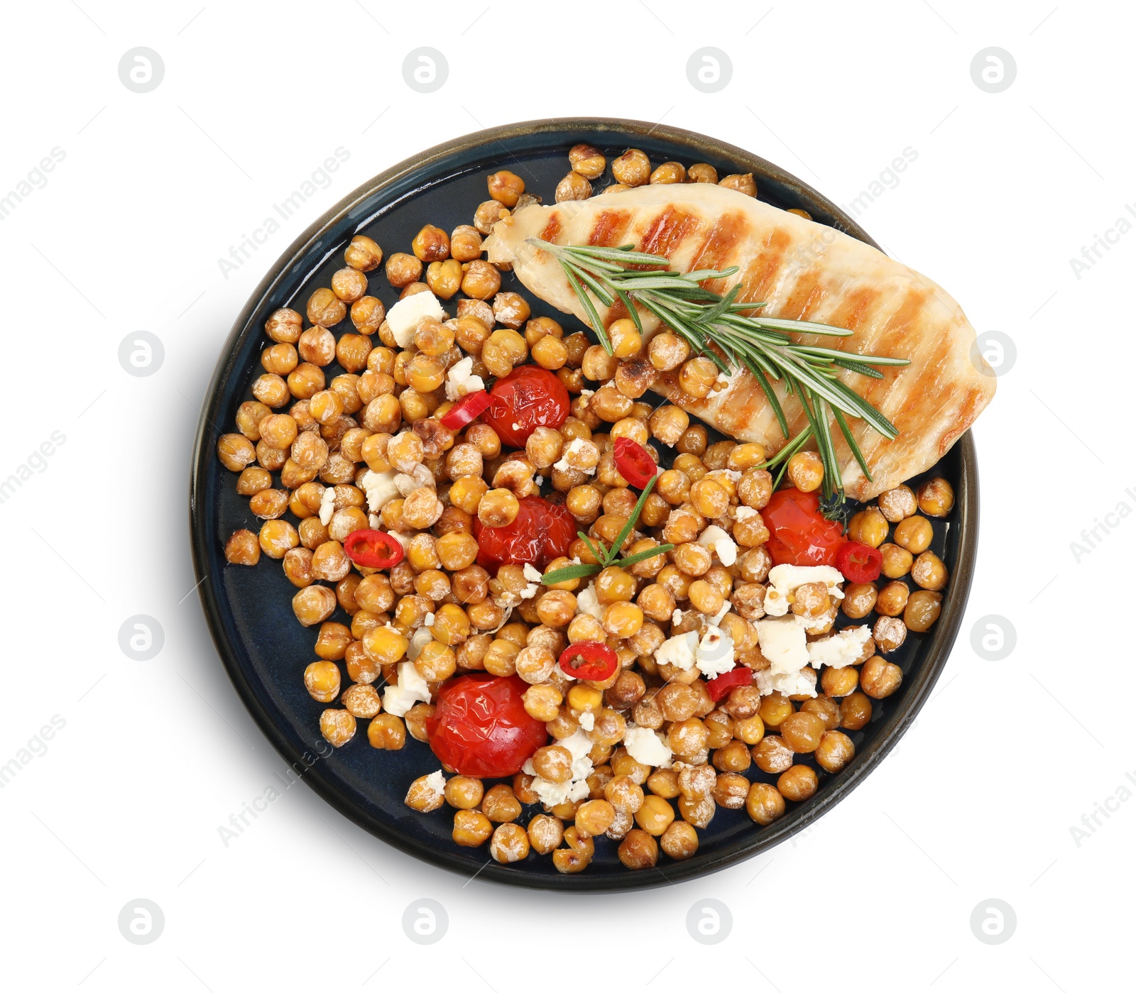 Photo of Plate with delicious fresh chickpea salad isolated on white, top view