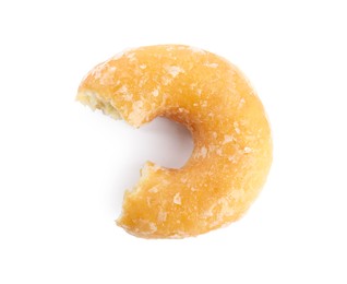 Photo of Bitten delicious donut isolated on white, top view