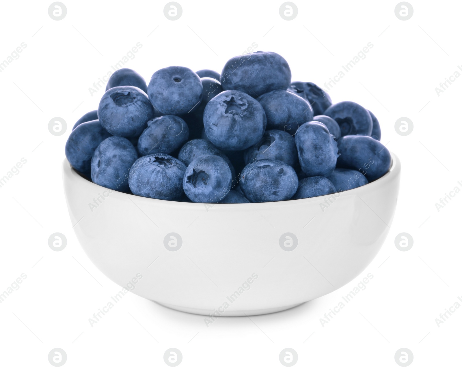 Photo of Tasty fresh ripe blueberries in bowl on white background