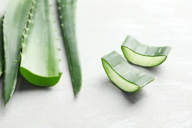 Photo of Fresh aloe vera leaves on light background