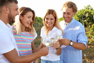 Friends holding glasses of wine and having fun on vineyard picnic