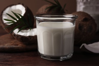 Photo of Glass of delicious vegan milk, coconut pieces and palm leaves on wooden table
