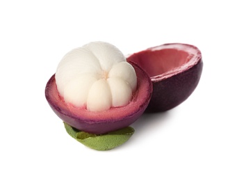 Photo of Delicious cut mangosteen fruit on white background