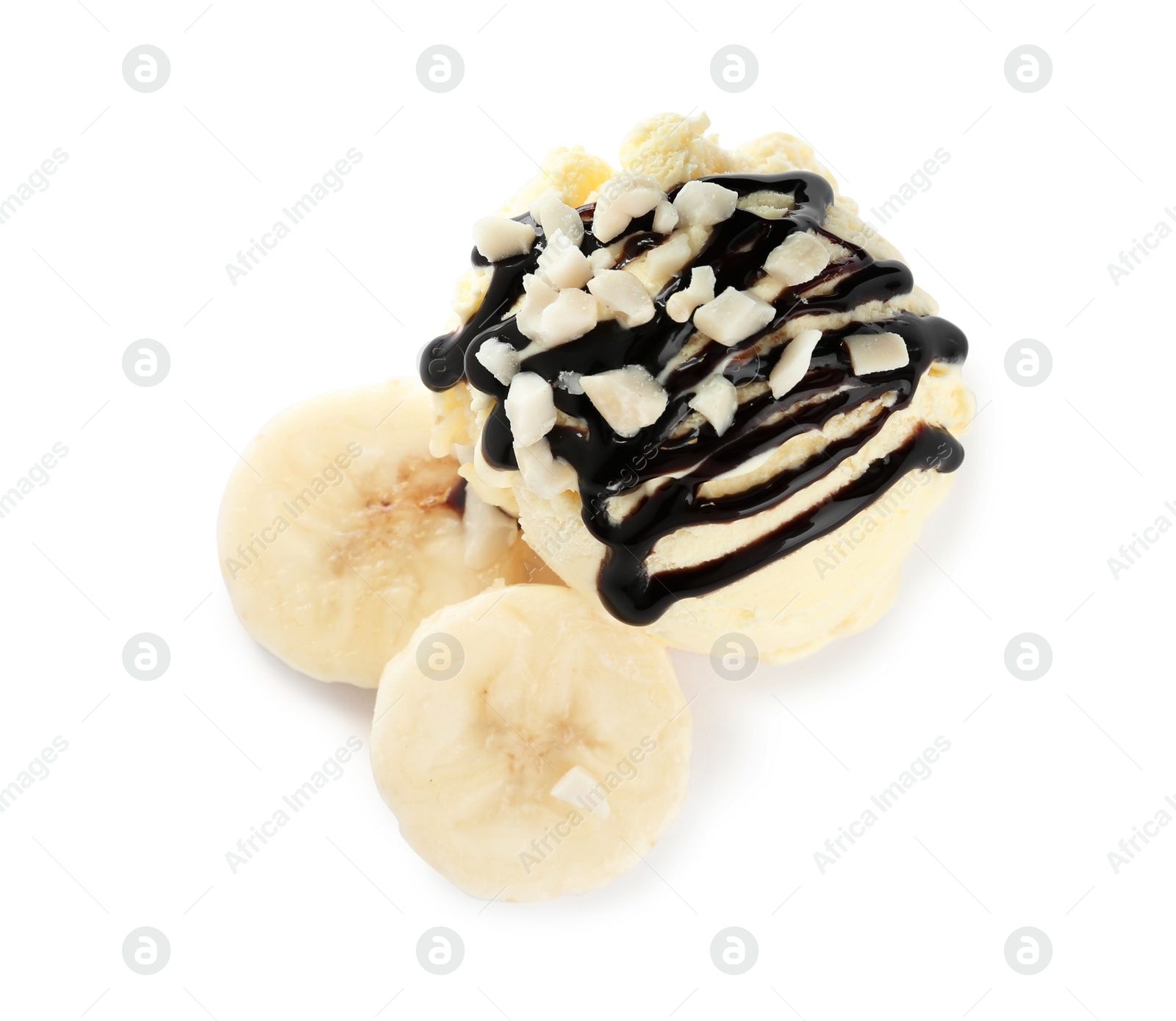 Photo of Delicious banana ice cream with chocolate topping and fresh fruit on white background, top view