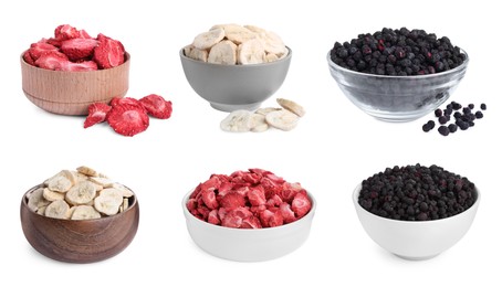 Image of Set with different freeze dried berries and bananas on white background