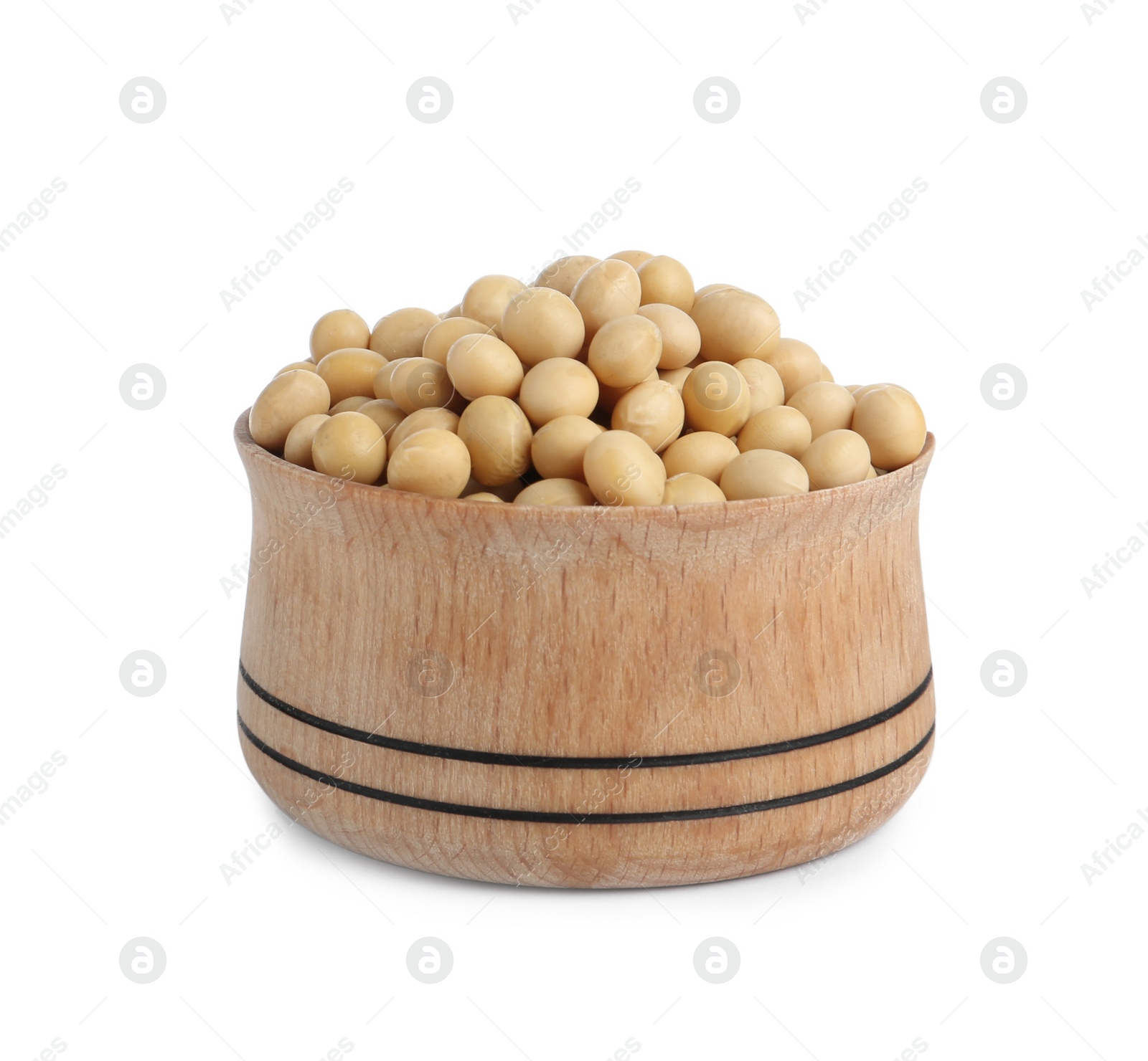 Photo of Soya beans in wooden bowl isolated on white