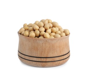 Photo of Soya beans in wooden bowl isolated on white
