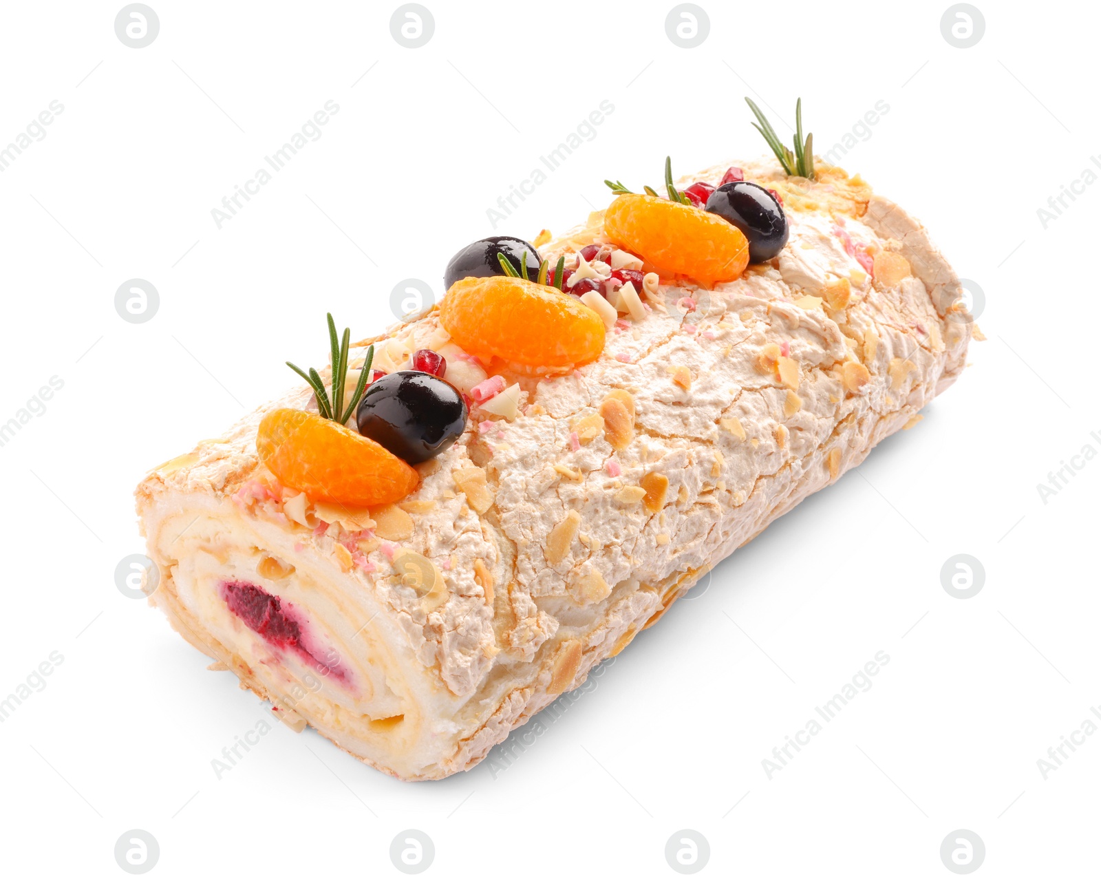 Photo of Tasty meringue roll with jam, tangerine slices and rosemary isolated on white