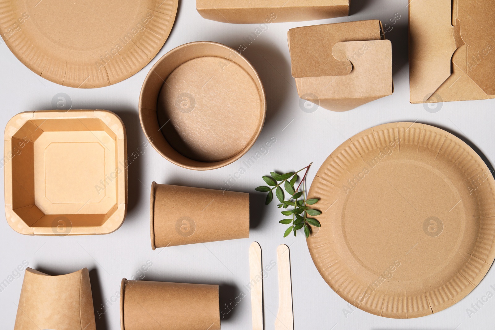 Photo of Flat lay composition with eco friendly food packagings and twig on light grey background