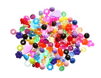 Photo of Pile of bright colorful beads on white background, top view