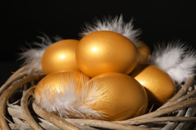 Photo of Shiny golden eggs with feathers in nest on black background, closeup