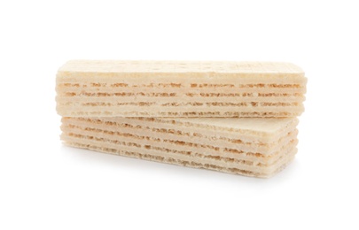 Photo of Delicious crispy wafers on white background. Sweet food