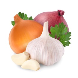 Image of Garlic, parsley, red and yellow onion bulbs isolated on white