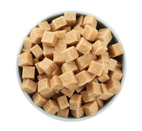 Photo of Bowl with cubes of brown sugar isolated on white, top view