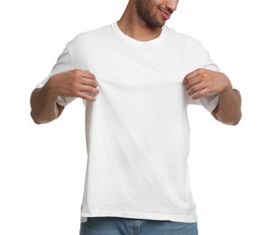 Photo of Man wearing t-shirt on white background, closeup