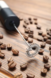 Photo of Black milk frother wand and coffee beans on wooden table, closeup