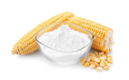 Photo of Bowl with corn starch, ripe cobs and kernels isolated on white