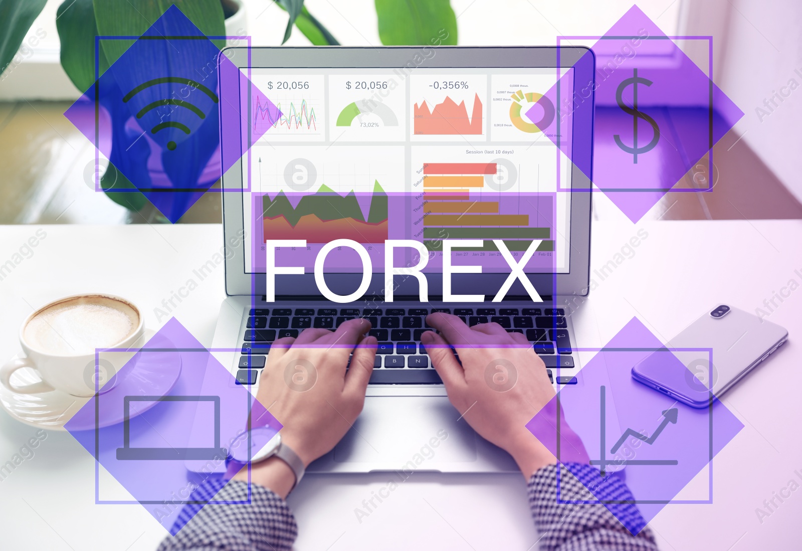 Image of Woman working with laptop at table indoors, closeup. Forex trading