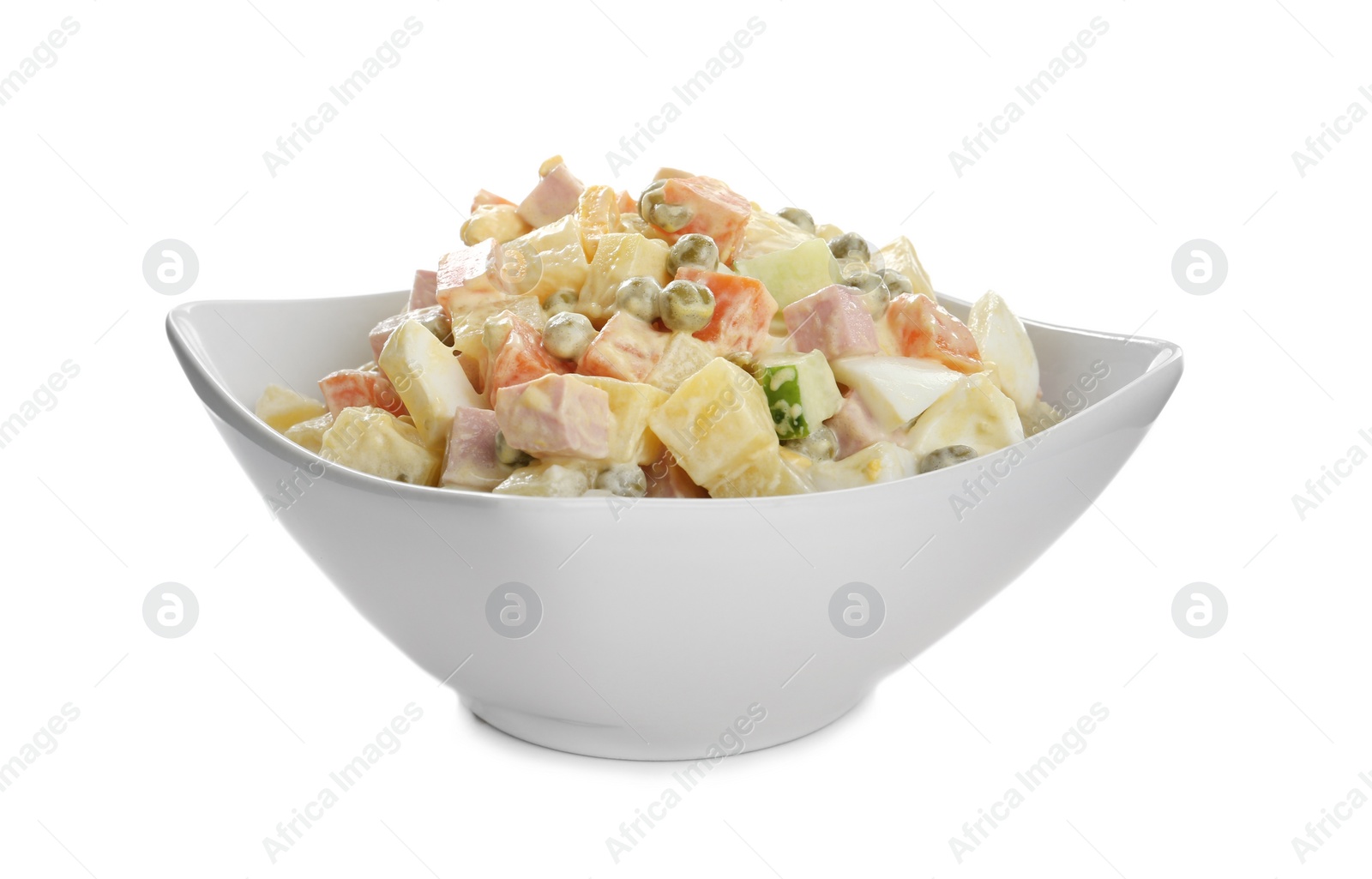 Photo of Delicious russian salad Olivier on white background