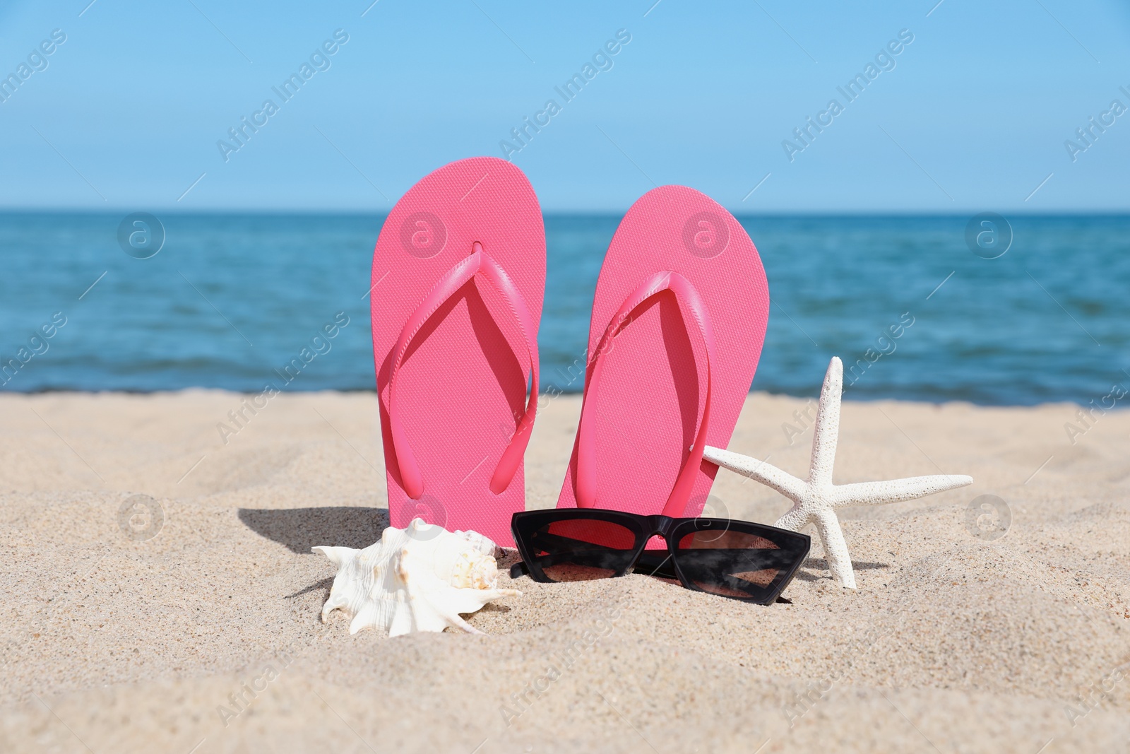 Photo of Stylish pink flip flops, sunglasses, starfish and seashell on beach sand