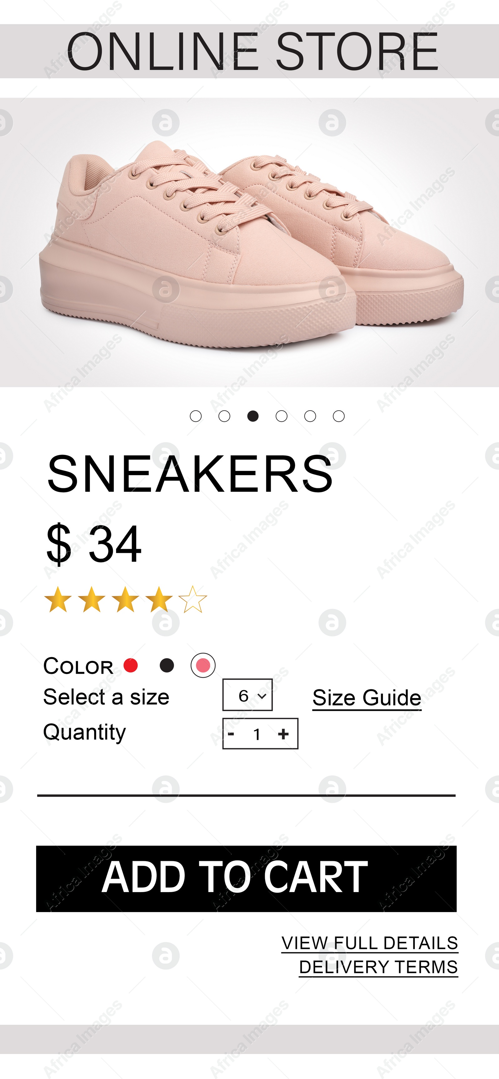 Image of Online store website page with stylish shoes and information. Image can be pasted onto smartphone screen