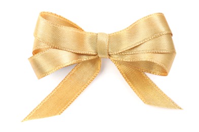 Photo of Beautiful golden ribbon tied in bow isolated on white, top view