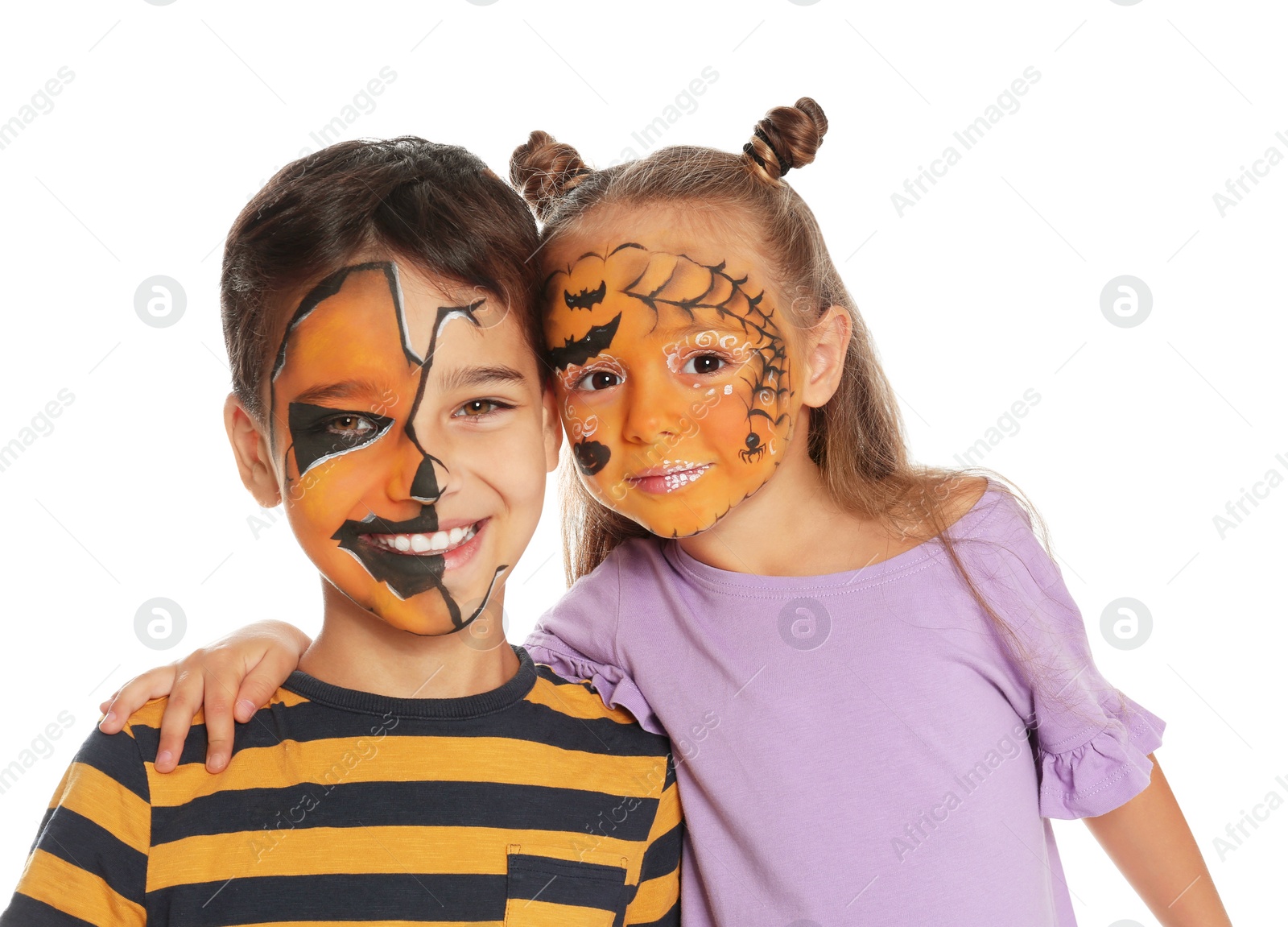 Photo of Cute little children with face painting on white background