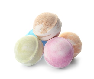 Photo of Bath bombs on white background. Spa products