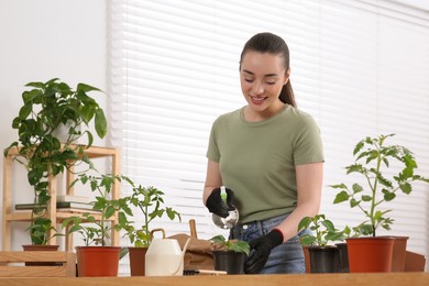 Photo of Happy woman spraying seedling in pot at table in room