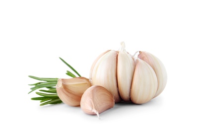 Photo of Fresh garlic and rosemary on white background