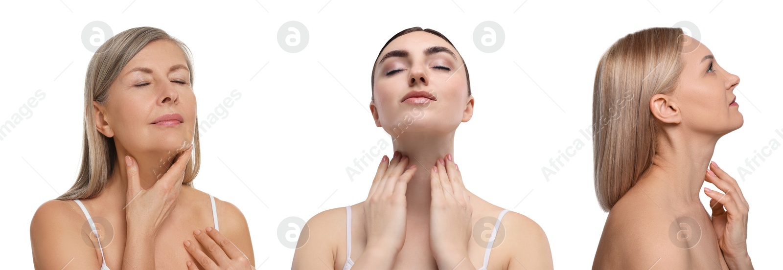 Image of Women touching their necks on white background, set of photos